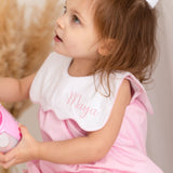 Luxury Pink Baby Girl Dress & Bloomers Set with Personalised Bib Collar – Woven Cotton