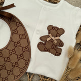 Boys Brown Billy Bear Handmade Sleepsuit & Bib Set