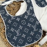 Boys Dark Denim Blue Louis Handmade Sleepsuit, Dummy Clip & Bib Set