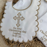Baby's Personalised Christening Day Baby grow and white satin Bib