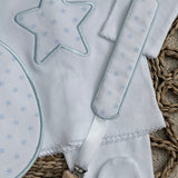 Personalised White & Baby Blue Star Baby Set – Sleepsuit, Handmade Bib & Dummy Clip
