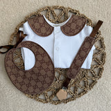 Boys Soft Brown Print Handmade Sleepsuit, Dummy Clip & Bib Set