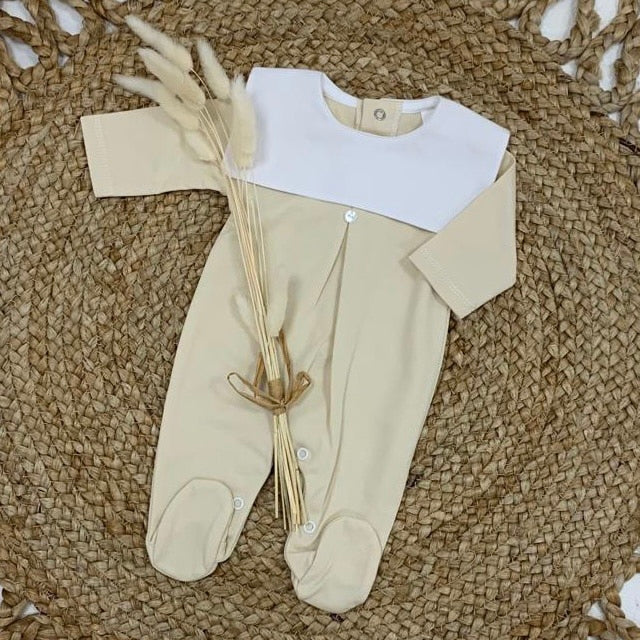 Baby Unisex Cotton Bib Romper - Beige