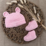 Perfect Little Thing - PRE ORDER Hand Made Aran Bear Hat and Booties Crochet - Pink