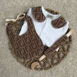 Baby’s Unisex Brown inspired Handmade Sleepsuit, Bib & Dummy Clip Set
