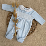 Baby Boy's Albert Blue & White Smocked Sleepsuit