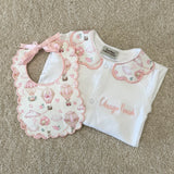 Girls Pink Hot Air Balloon Handmade Sleepsuit And Scallop Bib