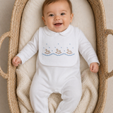 Luxury Personalised Rocking Horse Sleepsuit & Bib Set – Blue Embroidery