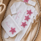 Personalised Pink Flower Sleepsuit, Bib & Headband | Luxury Baby Girls Coming Home Outfit