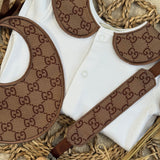 Boys Soft Brown Print Handmade Sleepsuit, Dummy Clip & Bib Set