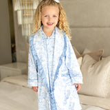 PRE ORDER Luxury Blue Safari Toile Baby Girls Dressing Gown with Frill Trim – Soft Cotton Summer Robe