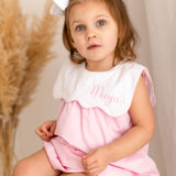 Luxury Pink Baby Girl Dress & Bloomers Set with Personalised Bib Collar – Woven Cotton