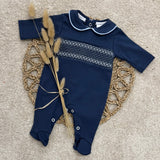 Baby Boys Navy Smocked Cotton Sleepsuit