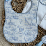 Boys Blue Safari Print Handmade Sleepsuit, Dummy Clip & Bib Set