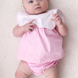 Luxury Pink Baby Girl Dress & Bloomers Set with Personalised Bib Collar – Woven Cotton
