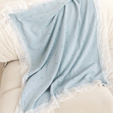 Blue Cotton Baby Shawl with Soft White Lace Trim
