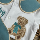 Boys Jade Blue Bear Handmade Sleepsuit And Bib