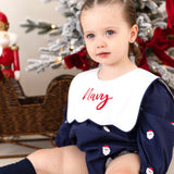 Personalised Navy Santa Christmas Baby Girls Romper with Oversized Bib Collar