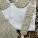 Baby’s Unisex champagne inspired Handmade Sleepsuit, Bib & Dummy Clip Set