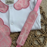 Girls Baby Pink Print Handmade Sleepsuit, Dummy Clip & Bib Set