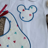 Personalised White & Blue Mouse Print Baby Sleepsuit with Handmade Bib