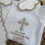 Baby's Personalised Christening Day Baby grow and white satin Bib