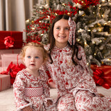 PRE-ORDER Baby Girls Red Toile Christmas Smocked Sleepsuit