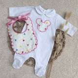 Personalised White & Pink Mouse Print Baby Sleepsuit with Handmade Bib