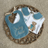 Boys Jade Blue Bear Handmade Sleepsuit And Bib