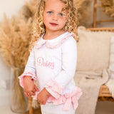 Girls White & Pink Personalised Frilly Pyjamas