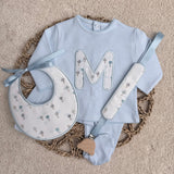 Personalised Baby Blue Hot Air Balloon Baby Set – Sleepsuit, Handmade Bib & Dummy Clip