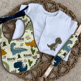 Personalised Dinosaur Baby Set – Sleepsuit, Handmade Bib & Dummy Clip