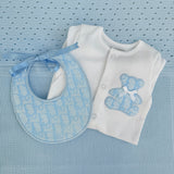 Boys Blue Billy Bear Handmade Sleepsuit & Bib Set
