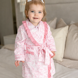 PRE ORDER Luxury Pink Safari Toile Baby Girls Dressing Gown with Frill Trim – Soft Cotton Summer Robe