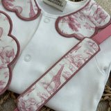 Girls Dusky Pink Safari Print Handmade Sleepsuit, Dummy Clip & Bib Set