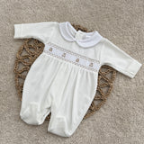 Baby's Teddy Ivory Velour Smocked Sleepsuit