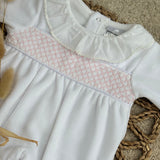 Baby Girl’s Evie  White & Pink Smocked Romper