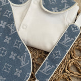 Boys denim Light Blue Louis Handmade Sleepsuit, Dummy Clip & Bib Set