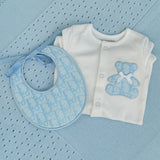 Boys Blue Billy Bear Handmade Sleepsuit & Bib Set