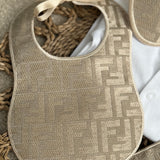 Baby’s Unisex Beige inspired Handmade Sleepsuit, Bib & Dummy Clip Set