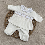 Baby's Teddy Ivory Velour Smocked Outfit