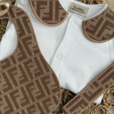 Baby’s Unisex Brown inspired Handmade Sleepsuit, Bib & Dummy Clip Set