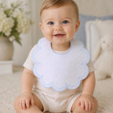 Personalised Spanish White & Blue Edge Scallop Bib