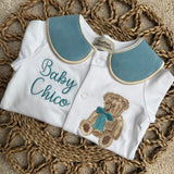 Boys Jade Blue Bear Handmade Sleepsuit And Bib