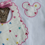 Personalised White & Pink Mouse Print Baby Sleepsuit with Handmade Bib
