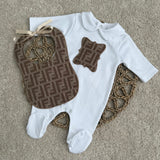 Baby’s Brown Inspired Sleepsuit & Bib Set