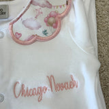 Girls Pink Hot Air Balloon Handmade Sleepsuit And Scallop Bib