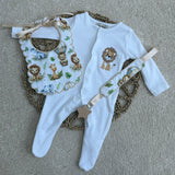 Personalised Safari Scallop Baby Set – Sleepsuit, Bib & Dummy Clip