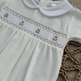 Baby's Teddy Ivory Velour Smocked Sleepsuit
