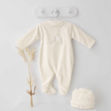 Unisex Ivory Angel Wing Velour Sleepsuit With Hat
